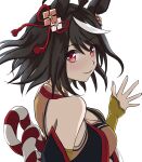  1girl absurdres animal_ears bare_shoulders black_hair black_haori blush breasts cleavage closed_mouth commentary detached_sleeves dress from_side haori highres horse_ears horse_girl japanese_clothes kitasan_black_(crowning_ooban)_(umamusume) kitasan_black_(umamusume) large_breasts looking_at_viewer masasim orange_dress red_eyes short_hair smile solo two_side_up umamusume 