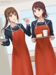  2girls :d apron artist_name black_sailor_collar black_serafuku black_shirt brown_hair cake cake_slice cheesecake commission cup disposable_cup food highres holding holding_tray long_hair long_sleeves looking_at_another medium_hair multiple_girls open_mouth original pixiv_commission red_apron sailor_collar school_uniform serafuku setu_kurokawa shirt sidelocks smile standing tongue tray twitter_username variant_set watermark 