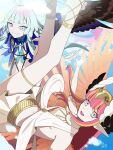  2girls absurdres ahoge antenna_hair armlet bare_shoulders bracelet breasts circe_(fate) commentary_request dress fate/grand_order fate_(series) feathered_wings green_eyes green_hair grey_eyes head_wings highres jewelry koma315ht long_hair looking_at_viewer louhi_(fate) monster_girl multiple_girls navel necklace open_mouth pink_hair pointy_ears sharp_teeth small_breasts smile teeth wings 