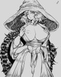  1girl absurdres atris2nd breasts breasts_out cloak clothes_lift cracked_skin doll_joints dress dress_lift elden_ring extra_arms fur_cloak greyscale hat hatching_(texture) highres huge_breasts jewelry joints large_hat looking_at_viewer medium_hair monochrome nipples no_bra one_eye_closed open_clothes open_dress parted_lips ranni_the_witch ring sketch solo standing undressing witch_hat 