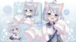  1girl :3 :d ? ahoge animal_ear_fluff animal_ears blush borrowed_character cat_ears cat_girl center_frills chibi closed_mouth collared_shirt commentary_request commission fangs flask frilled_shirt_collar frills glasses gradient_background green_eyes grey-framed_eyewear grey_hair hands_up lab_coat long_sleeves looking_at_viewer multiple_views open_mouth original round-bottom_flask semi-rimless_eyewear shirt short_hair shuu_(syuuuuuuuuuu) skeb_commission sleeves_past_fingers sleeves_past_wrists smile under-rim_eyewear upper_body white_shirt 