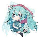  1girl :d aqua_hair black_shoes black_socks blue_eyes bow bowtie byako_(srktn) chibi chibi_inset chibi_only closed_eyes closed_mouth commentary_request double-parted_bangs full_body green_bow green_bowtie green_sailor_collar green_shirt green_skirt hachune_miku hair_between_eyes hatsune_miku highres holding holding_umbrella kneehighs long_hair looking_at_viewer melt_(vocaloid) open_mouth pleated_skirt red_umbrella sailor_collar school_uniform serafuku shirt shoes short_sleeves skirt smile socks twintails umbrella vocaloid 