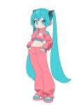  1girl aqua_eyes aqua_hair commentary cropped_jacket full_body hatsune_miku highres jacket long_hair looking_at_viewer midriff monster_l_(hochihochiha) navel pants pink_jacket pink_pants shoes solo twintails untranslatable_commentary vocaloid 
