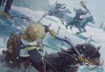  3boys arrow_(projectile) blonde_hair bokoblin bow_(weapon) byuub club_(weapon) fog from_behind gloves holding holding_weapon horns horse link male_focus medium_hair multiple_boys open_mouth pointy_ears riding scenery shield single_horn sky snow the_legend_of_zelda tree weapon 