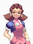  1girl annoyed breasts brown_hair clenched_teeth commentary commission earrings english_commentary eyelashes gloves green_eyes hairband hand_on_own_hip highres jewelry long_hair looking_at_viewer mega_man_(series) mega_man_legends_(series) meltted pink_gloves pink_hairband simple_background solo standing teeth tron_bonne_(mega_man) v-shaped_eyebrows white_background 