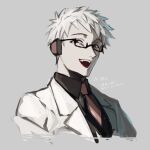  1boy absurdres black_shirt collared_shirt cropped_torso dr._dareka glasses grey_background highres jacket looking_at_viewer male_focus necktie open_mouth rectangular_eyewear red_eyes red_necktie shirt short_hair solo tkc_(tkoshinchan) utau white_hair white_jacket 