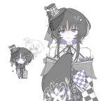  1girl bare_shoulders black_hair black_hat black_kimono bug butterfly butterfly_hair_ornament butterfly_hat_ornament checkered_sleeves chibi chinese_commentary commentary_request emptiedfishtank flower frilled_sleeves frills hair_ornament hand_up hat hat_flower hat_ornament highres housho_margo japanese_clothes kimono lolita_fashion long_sleeves looking_at_viewer mahou_shoujo_no_majo_saiban mini_hat mini_top_hat parted_bangs purple_butterfly purple_eyes smile sweatdrop top_hat wa_lolita 