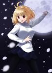  1girl absurdres ahoge antenna_hair arcueid_brunestud black_pantyhose blonde_hair breasts commentary_request full_moon hair_intakes highres jewelry koma315ht large_breasts long_sleeves looking_at_viewer moon night open_mouth pantyhose red_eyes short_hair skirt sky smile solo sweater tsukihime tsukihime_(remake) turtleneck turtleneck_sweater white_sweater 