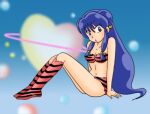  1girl animal_print bell bikini boots double_bun fuwari_(ojyo0919) hair_bun hair_ornament long_hair looking_at_viewer lowres parody print_bikini ranma_1/2 shampoo_(ranma_1/2) strapless style_parody swimsuit tiger_print urusei_yatsura 