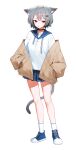  1girl animal_ear_fluff animal_ears ankle_socks black_choker blue_sailor_collar blue_shoes blue_skirt blunt_bangs blush brown_cardigan candy cardigan cat_ears cat_girl cat_tail character_request choker closed_mouth collarbone converse copyright_request ears_down food full_body grey_hair grey_tail hands_in_pockets highres huhi_(huhi_1211) lollipop lollipop_in_mouth long_sleeves looking_at_viewer miniskirt multicolored_hair off_shoulder open_cardigan open_clothes pleated_skirt red_eyes red_streaks sailor_collar school_uniform serafuku shirt shoes short_hair simple_background skirt sneakers socks solo standing streaked_hair tail thighs white_background white_shirt white_socks 