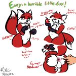  ambiguous_gender anthro anus apple butt canid canine dynamitegrizzly_(artist) eating envy_the_horrible_little_fox_(dynamitegrizzly) food fox human human_on_anthro interspecies mammal nonbinary_(lore) null_bulge presenting presenting_anus red_fox slightly_chubby solo spread_butt spreading text 