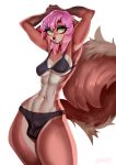  2022 anthro ball_bulge bra breasts brown_body brown_fur bulge canid canine clothed clothing fox fur green_eyes gynomorph hair hands_behind_back hi_res intersex johnfoxart looking_aside mammal midriff panties pink_hair simple_background solo under_boob underwear white_background 