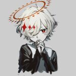  1boy absurdres bright_pupils commentary_request cropped_torso grey_background hair_over_one_eye halo highres kazehiki_(utau) long_sleeves looking_at_viewer male_focus praying red_eyes short_hair simple_background solo tkc_(tkoshinchan) upper_body utau white_pupils 