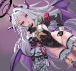  1girl absurdres armband black_gloves blue_archive blush breasts cameltoe commentary_request demon_girl demon_horns demon_wings ento_(user_jjce7387) garter_belt garter_straps gloves halo highres hina_(blue_archive) horns looking_at_viewer low_wings makoto_(blue_archive) open_mouth purple_eyes red_armband small_breasts standing wings 