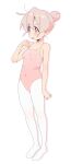  1girl absurdres athletic_leotard ballet_class_clothes bare_shoulders breasts collarbone commentary_request covered_navel full_body hair_bun highres karubi_(karubi465558) leotard onii-chan_wa_oshimai! open_mouth orange_eyes oyama_mahiro pantyhose pink_hair simple_background single_hair_bun small_breasts solo standing wavy_mouth white_background white_pantyhose 