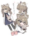  1girl absurdres ahoge alternate_costume animal_bag animal_ear_fluff animal_ears animal_slippers bag black_leggings black_ribbon blue_dress blush_stickers brown_hair bunny_slippers cat_ears collared_shirt commentary_request dress grey_hair hair_between_eyes hair_intakes hair_ornament hair_ribbon hairclip highres hugging_object jitome kipfel_(vrchat) kururu_(kululu_shippo) leggings long_hair long_sleeves low_twintails multiple_views neck_ribbon pink_slippers profile puffy_long_sleeves puffy_sleeves ribbon shirt shoulder_bag simple_background sleeveless sleeveless_dress slippers stuffed_animal stuffed_rabbit stuffed_toy translation_request twintails vrchat white_background white_shirt 