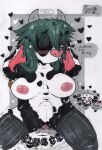 abdominal_bulge absurd_res anthro belly_tattoo big_breasts bovid bovine breasts bulge canid canine canis cattle clothing cowbell cowgirl_position dalmatian dialogue dialogue_box domestic_dog duo ear_piercing eion_(mootsncompany) female from_front_position green_eyes green_hair hair hi_res holstein_friesian_cattle legwear male male/female mammal mootsncompany mumei_(mootsncompany) nipple_piercing nipples on_bottom on_top one_eye_closed penetration piercing sex stockings tattoo traditional_media_(artwork) vaginal vaginal_penetration