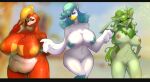  anatid anseriform anthro areola avian big_breasts bird blue_body blue_eyes blue_feathers blue_nipples blurred_background breasts digital_media_(artwork) domestic_cat duck feathers felid feline felis female fuecoco fur genitals gesture green_body green_fur group hair huge_breasts looking_at_viewer makumba mammal multicolored_body multicolored_hair nintendo nipples nude open_mouth outside pink_eyes pink_nipples pok&eacute;mon pok&eacute;mon_(species) pok&eacute;morph pose presenting pussy quaxly red_body reptile scales scalie smile sprigatito standing thick_thighs trio v_sign video_games white_body yellow_nipples 