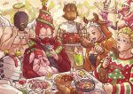  3girls 5boys animal_costume bandaged_hand bandaged_head bandages blonde_hair blue_eyes bow breasts champagne_flute chicken_(food) chicken_leg chota christmas_sweater christmas_wreath cleavage cocktail_glass commentary_request cup dorohedoro dress drink drinking_glass ebisu_(dorohedoro) en_(dorohedoro) eye_mask fake_halo fake_wings food fork fujita_(dorohedoro) hair_ornament hairband halo hat heimuer holding holding_fork kikurage_(dorohedoro) knife mask miso-234 multiple_boys multiple_girls noi_(dorohedoro) open_mouth pink_dress red_bow red_eyes red_hair reindeer_costume santa_costume santa_hat shin_(dorohedoro) shou_(dorohedoro) skull_mask star_(symbol) star_hair_ornament turkey_(dorohedoro) white_hair wings wreath 