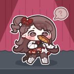  1girl ? blush_stickers bow brown_hair chibi commentary_request curtains eating full_body korean_commentary monyami outline pantyhose pointy_ears red_bow rohne_(trickcal) solo spoken_question_mark stage_curtains trickcal two-tone_skirt white_outline 