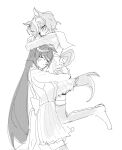  2girls =_= animal_ears arms_around_waist astronghouse back_bow blush bow closed_eyes closed_mouth cowboy_shot ears_down eyepatch frilled_skirt frills full_body greyscale hair_between_eyes high-waist_skirt highres horse_ears horse_girl horse_tail hug legs_up lifting_person long_hair long_hair_between_eyes loose_hair_strand miniskirt monochrome multicolored_hair multiple_girls parted_lips pleated_skirt sailor_collar school_uniform shirt shoes short_hair simple_background skirt smile straight_hair streaked_hair symboli_kris_s_(umamusume) tail tanino_gimlet_(umamusume) thighhighs tracen_school_uniform umamusume uwabaki very_long_hair white_background winter_uniform yuri 