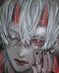 1boy close-up earrings face_piercing faith666 fangs highres horns jewelry lip_piercing male_focus mole mole_under_eye one_eye_closed oni original piercing red_eyes ring solo white_hair 