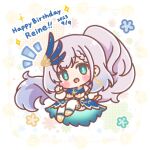  1girl :d absurdly_long_hair blue_dress blush_stickers braid braided_bangs chibi commentary_request dated dress floral_background green_eyes grey_hair happy_birthday highres hololive hololive_indonesia long_hair long_sleeves looking_at_viewer mitarashi_neko notice_lines pavolia_reine ponytail puffy_long_sleeves puffy_sleeves smile solo sparkle thighhighs very_long_hair virtual_youtuber white_thighhighs 