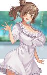  1girl :d blurry blurry_background blush breasts brown_eyes brown_hair cevio cleavage collarbone commentary_request dress gradient_hair hair_between_eyes hair_bun highres large_breasts letterboxed looking_at_viewer multicolored_hair open_mouth satou_sasara short_sleeves side_ponytail sidelocks smile solo standing tenneko_yuuri translation_request twitter_username two-tone_hair white_dress 
