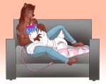 ageplay anthro arm_markings barefoot bear between_legs blue_bottomwear blue_clothing blue_pants bottomwear bovid brown_body brown_fur brown_hair caprine clothed clothing cuddling diaper duo eyes_closed feet female female_anthro floppy_ears fur furniture glistening glistening_eyes goat green_eyes hair hardscales hi_res infantilism legwear male male_anthro mammal markings mouth_closed narrowed_eyes on_sofa pants pattern_clothing pattern_legwear roleplay side_view sofa striped_clothing striped_legwear stripes tail topless wearing_diaper white_body white_diaper white_fur white_tail