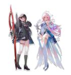  2girls acrylic_stand_(object) aemeath_(wuthering_waves) aengdohwa asymmetrical_footwear bare_shoulders black_hair black_jacket black_serafuku black_shirt black_shoes black_skirt black_socks blunt_bangs breasts chisa_(wuthering_waves) commentary_request elbow_gloves full_body gloves hair_ribbon hand_up holding holding_microphone jacket korean_commentary leotard long_hair long_sleeves looking_at_viewer medium_breasts merchandise microphone multiple_girls pink_hair red_eyes red_ribbon ribbon school_uniform serafuku shirt shoes showgirl_skirt skirt socks standing uneven_footwear white_gloves white_leotard white_skirt wuthering_waves 