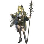  1girl ahoge animal_ears aqua_eyes arknights asymmetrical_legwear asymmetrical_skirt belt belt_pouch black_bow black_thighhighs blue_bow blue_necktie bow breasts brown_belt brown_shoes coat collared_shirt cross_hair_ornament droopy_ears english_text eyeliner frilled_bow frilled_shirt frills full_body goat_ears goat_girl green_coat green_hair green_skirt hair_bow hair_ornament high_heels highres holding holding_staff id_card infection_monitor_(arknights) lanzi_(415460661) large_breasts layered_skirt light_smile long_hair looking_at_viewer mage_staff makeup mole mole_under_eye necktie non-web_source official_art open_clothes open_coat pouch red_eyeliner ripresa_(arknights) shirt shoes sidelocks simple_background skirt solo staff standing striped_clothes striped_shirt stuffed_animal stuffed_goat stuffed_toy tachi-e thigh_belt thigh_pouch thigh_strap thighhighs transparent_background underbust uneven_legwear vertical-striped_clothes vertical-striped_shirt white_shirt zipper zipper_skirt 