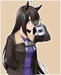  1girl ahoge animal_ears black_hair black_jacket bow bowtie brown_background coffee_mug commentary_request cup earrings from_side hair_over_one_eye holding holding_cup horse_ears horse_girl horseshoe_ornament jacket jewelry long_hair long_sleeves looking_at_viewer manhattan_cafe_(umamusume) mug open_clothes open_jacket pleated_skirt purple_sailor_collar purple_serafuku purple_shirt purple_skirt sailor_collar sailor_shirt school_uniform serafuku shirt simple_background single_earring skirt smile solo threepitz tracen_school_uniform twitter_username umamusume white_bow white_bowtie white_hair yellow_eyes 