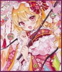  1girl alternate_costume blonde_hair blush bow cherry_blossoms commentary_request crystal crystal_wings fang flandre_scarlet floral_print floral_print_kimono flower frilled_sleeves frills hat hat_bow hat_flower highres holding holding_umbrella japanese_clothes kimono long_sleeves looking_at_viewer mob_cap moni_monico multicolored_wings one_side_up open_mouth pink_flower print_kimono red_bow red_eyes red_kimono red_nails sample_watermark skin_fang smile solo touhou traditional_media twitter_username umbrella watermark white_hat wide_sleeves wings 