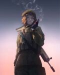  1girl battle_rifle beret black_gloves black_scarf brown_hair bulletproof_vest camouflage cigarette commentary commission cowboy_shot digital_camouflage flag_patch fn_scar_17 french_flag gandy_(gan3e46) gloves gradient_background green_eyes grey_background gun hat highres holding holding_cigarette looking_at_viewer medium_hair military_combat_uniform military_uniform natalie_(qvit11) original parted_lips patch red_background rifle scarf smoke smoke_trail soldier solo ukrainian_flag weapon weapon_on_back 