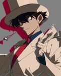  1boy absurdres ace_(playing_card) ace_of_spades black_hair blue_eyes blue_shirt card closed_mouth collared_shirt commentary_request drop_shadow gloves grey_background hair_between_eyes hat highres jacket kaitou_kid looking_at_viewer magic_kaito male_focus monocle necktie playing_card red_necktie shirt short_hair solo spade_(shape) tkc_(tkoshinchan) top_hat white_gloves white_hat white_jacket 