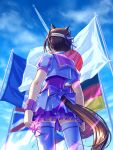  1girl aircraft airplane animal_ears blue_sky bow braid brown_hair cloud commentary_request contrail from_behind german_flag hair_ribbon half_up_braid horse_ears horse_girl horse_tail jacket japan_cup japanese_flag multicolored_hair outdoors peeta purple_ribbon purple_vest ribbon short_hair short_sleeves skirt sky special_week_(special_dreamer)_(umamusume) special_week_(umamusume) tail textless_version thighhighs two-tone_hair umamusume union_jack vest white_hair white_jacket white_skirt white_thighhighs wristband 