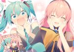  !? &gt;_&lt; &gt;o&lt; 2girls ^_^ ^o^ aqua_eyes aqua_hair blush closed_eyes detached_sleeves flustered hatsune_miku heart long_hair megurine_luka multiple_girls panels pink_hair sinaooo translation_request twintails vocaloid wide-eyed yuri 