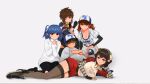  2boys 3girls absurdres anna_anon anna_skyler_(anna_anon) baseball_cap baseball_jersey baseball_uniform black_gloves black_pantyhose black_shoes black_thighhighs blue_hair breasts brown_eyes brown_hair character_request cleavage closed_mouth clothes_writing collared_shirt elf english_commentary fingerless_gloves gloves hairband hand_on_own_head hands_up hat highres jersey large_breasts layered_sleeves light_blush long_hair long_sleeves looking_at_viewer lying midriff_peek multiple_boys multiple_girls on_one_knee on_side open_clothes open_shirt original own_hands_together pantyhose pointy_ears red_eyes red_shorts sana_(anna_anon) shirt shoes short_hair short_over_long_sleeves short_shorts short_sleeves shorts sidelocks simple_background sleeves_past_wrists smile sneakers sportswear sweater thighhighs tied_shirt twintails white_background white_hat white_shirt white_shorts white_sweater white_thighhighs 