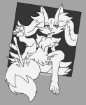 2018 3_toes :3 ambiguous_anthro ambiguous_gender anthro arm_tuft biped braixen cheek_tuft chest_tuft claws cute_fangs digital_drawing_(artwork) digital_media_(artwork) dipstick_tail dutch_angle eyelashes facial_tuft fangs feet flat_chested front_view full-length_portrait generation_6_pokemon goiaba greyscale half-closed_eyes hi_res hindpaw hip_tuft inner_ear_fluff looking_away markings monochrome narrowed_eyes nintendo nude_ambiguous nude_anthro object_in_tail pawpads paws pokemon pokemon_(species) portrait quadruped raised_leg shoulder_tuft signature simple_background sitting solo spread_legs spreading stick stick_in_tail tail tail_markings teeth toe_claws toes tuft