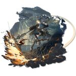  1girl ahoge animal_ears aqua_eyes arknights asymmetrical_legwear asymmetrical_skirt belt belt_pouch black_bow black_thighhighs blue_bow blue_necktie bow breasts brown_belt brown_shoes cloud cloudy_sky coat collared_shirt cross_hair_ornament droopy_ears dynamic_pose explosion eyeliner floating_hair frilled_bow frilled_shirt frills full_body goat goat_ears goat_girl green_coat green_hair green_skirt hair_bow hair_ornament high_heels highres id_card infection_monitor_(arknights) jumping lanzi_(415460661) large_breasts layered_skirt leg_up lens_flare long_hair mage_staff makeup mole mole_under_eye necktie non-web_source official_art open_clothes open_coat outdoors pouch red_eyeliner ripresa_(arknights) shirt shoes shore sidelocks skirt sky smoke solo staff striped_clothes striped_shirt stuffed_animal stuffed_goat stuffed_toy tachi-e thigh_belt thigh_strap thighhighs transparent_background tree underbust uneven_legwear vertical-striped_clothes vertical-striped_shirt water white_shirt zipper zipper_skirt 