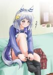  1girl absurdres animal_ears black_pantyhose bow bowtie brown_eyes ear_covers grey_hair highres hishi_miracle_(umamusume) horse_ears horse_girl horse_tail k1kojima long_sleeves medium_hair on_bed pantyhose pleated_skirt purple_sailor_collar purple_serafuku purple_shirt purple_skirt red_scarf sailor_collar sailor_shirt scarf school_uniform serafuku shirt sitting skirt solo tail tracen_school_uniform umamusume white_bow white_bowtie 