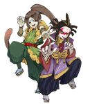  0gogyu0wi961654 2boys black_hakama blue_eyeshadow brown_eyes brown_hair colored_sclera commentary_request eyeshadow full_body green_pants hakama hakama_pants highres japanese_clothes long_hair looking_at_viewer makeup multiple_boys oogama_(youkai_watch) open_mouth pants ponytail red_eyes sandals simple_background socks teeth tsuchigumo_(youkai_watch) white_background white_socks yellow_sclera youkai_(youkai_watch) youkai_watch 