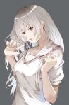  1girl absurdres alternate_eye_color alternate_hair_color breasts campustolearn collarbone commentary_request gradient_hair green_eyes grey_background grey_hair hand_in_own_hair hands_up highres long_hair looking_at_viewer looking_to_the_side medium_breasts minami-ke mole_beside_mouth multicolored_hair open_mouth playing_with_own_hair riko_(minami-ke) sailor_collar school_uniform serafuku short_sleeves simple_background solo summer_uniform upper_body white_hair white_sailor_collar 
