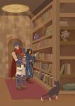  2boys alternate_skin_color armor blue_eyes blue_hair book bookshelf cape capelet carpet cat commentary cryocannon english_commentary facial_mark fire_emblem fire_emblem:_radiant_dawn forehead_mark green_headband headband highres holding holding_book ike_(fire_emblem) indoors library long_hair male_focus multiple_boys pauldrons pile_of_books red_cape red_eyes short_hair shoulder_armor single_pauldron soren_(fire_emblem) 