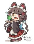  1girl :3 :d animal_ears apron back_bow black_kimono blue_bow blunt_bangs blush_stickers bow brown_hair chibi chibi_only commentary_request cup dog_ears dog_girl dog_tail drinking_glass drinking_straw fangs flower frilled_hakama full_body hair_flower hair_ornament hakama hakama_skirt heterochromia highres holding holding_tray inui_toko japanese_clothes kimono long_hair long_sleeves looking_at_viewer low_twintails maid maid_headdress melon_soda nijisanji open_mouth red_eyes red_skirt simple_background skirt smile solo standing tail tray twintails twitter_username uzumaki_osushi virtual_youtuber wa_maid white_apron white_background wide_sleeves yellow_eyes 