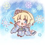  1girl ;d aerial_fireworks aizawa_ema bag bagged_fish blonde_hair blue_bow blue_eyes blue_hair blue_kimono blush_stickers bow brown_hairband chibi commentary_request fireworks fish floral_print flower gradient_hair hair_flower hair_ornament hairband highres holding holding_fireworks japanese_clothes kimono looking_at_viewer mitarashi_neko multicolored_hair obi one_eye_closed print_kimono rose sash smile solo sparkler virtual_youtuber vspo! white_flower white_rose 