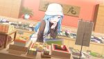  1girl :d animal-themed_food bag bent_over blue_eyes blue_hair box brown_shirt bucket_hat buttons cat colorful_palette dot_nose fingernails food fur_hat game_cg hat highres hinomori_shizuku light_blush long_hair long_sleeves looking_at_food market mochi mole mole_under_mouth official_art open_mouth open_up_new_horizons!_(project_sekai) plant project_sekai puffy_sleeves shirt shopping_bag skirt smile solo sparkle third-party_source too_much_food translation_request vase vest white_hat white_skirt white_vest 