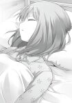  029 1girl bed bed_sheet blurry blurry_background breasts closed_eyes collared_shirt greyscale hair_down hataraku_maou-sama! highres large_breasts long_sleeves lying monochrome novel_illustration official_art on_back on_bed pajamas parted_lips pillow profile sasaki_chiho shirt sleeping solo third-party_source under_covers upper_body 