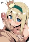  1boy 1girl absurdres blonde_hair blue_eyes blush censored collarbone commentary_request completely_nude crown erection fellatio hair_between_eyes hairband hetero highres inazuma_eleven inazuma_eleven_(series) inazuma_eleven_victory_road iwano_kenta long_hair looking_at_viewer male_pubic_hair mini_crown mosaic_censoring nude oral penis penis_grab pov pubic_hair simple_background solo_focus white_background 