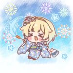  >_< 1girl :d aerial_fireworks aizawa_ema bag bagged_fish blonde_hair blue_bow blue_hair blue_kimono blush_stickers bow brown_hairband chibi closed_eyes facing_viewer fireworks fish floral_print flower gradient_hair hair_flower hair_ornament hairband highres holding holding_fireworks japanese_clothes kimono mitarashi_neko multicolored_hair obi print_kimono rose sash smile solo sparkler virtual_youtuber vspo! white_flower white_rose xd 
